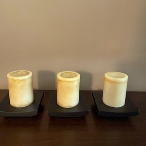 SET OF THREE CANDLES AND HOLDERS